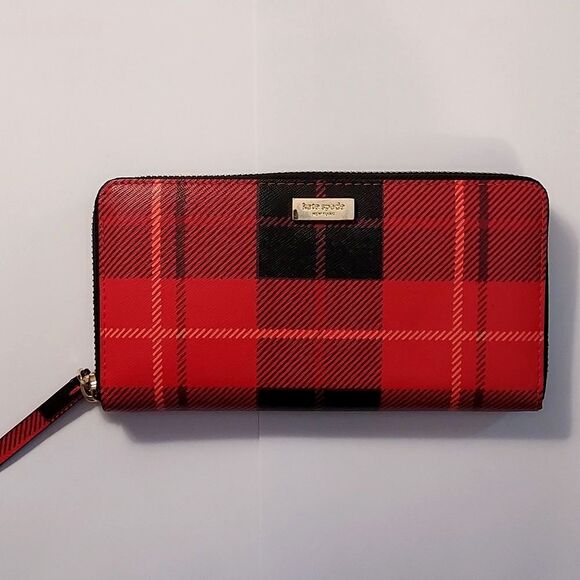 Kate Spade Red Plaid Wallet Saffiano leather zip around - Picture 1 of 12